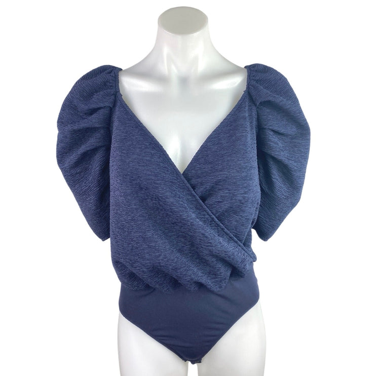Express Women's Blue Short Puff Sleeve V-Neck Wrap Bodysuit Blouse Top Size M