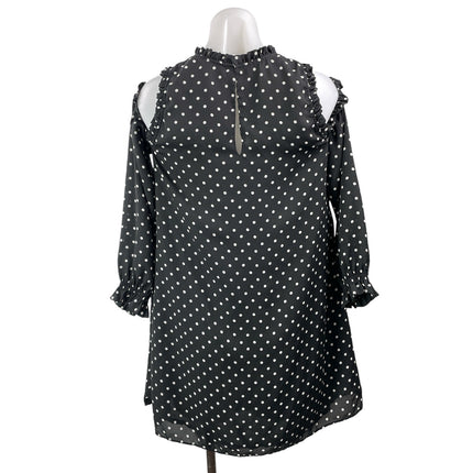 Zara Black Polka Dots Ruffle Long Sleeve Cold Shoulder Mini Shift Dress Size M