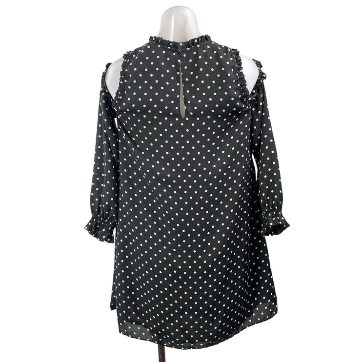 Zara Black Polka Dots Ruffle Long Sleeve Cold Shoulder Mini Shift Dress Size M