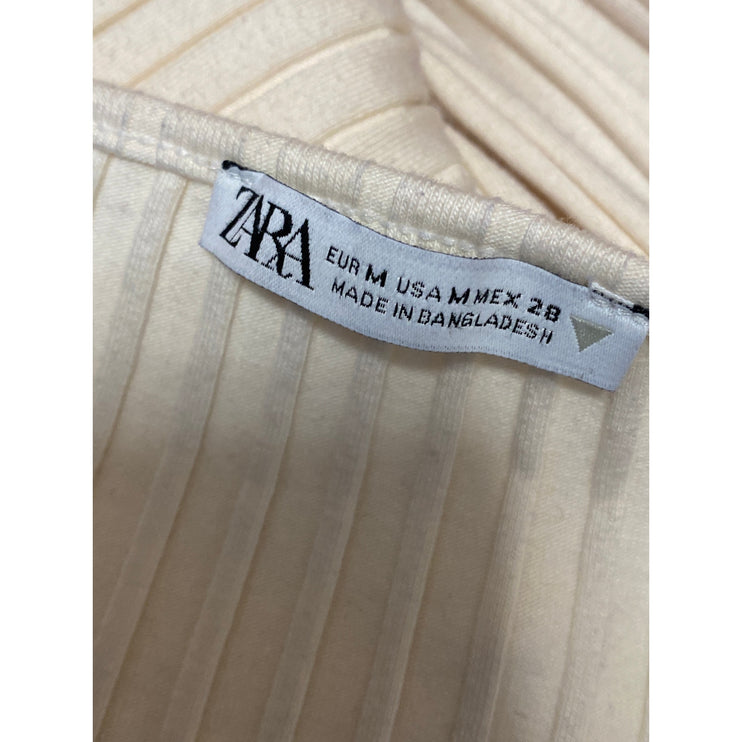 Zara Cream Ribbed Knit Asymmetric Neck Long Sleeve Midi Bodycon Dress Size M