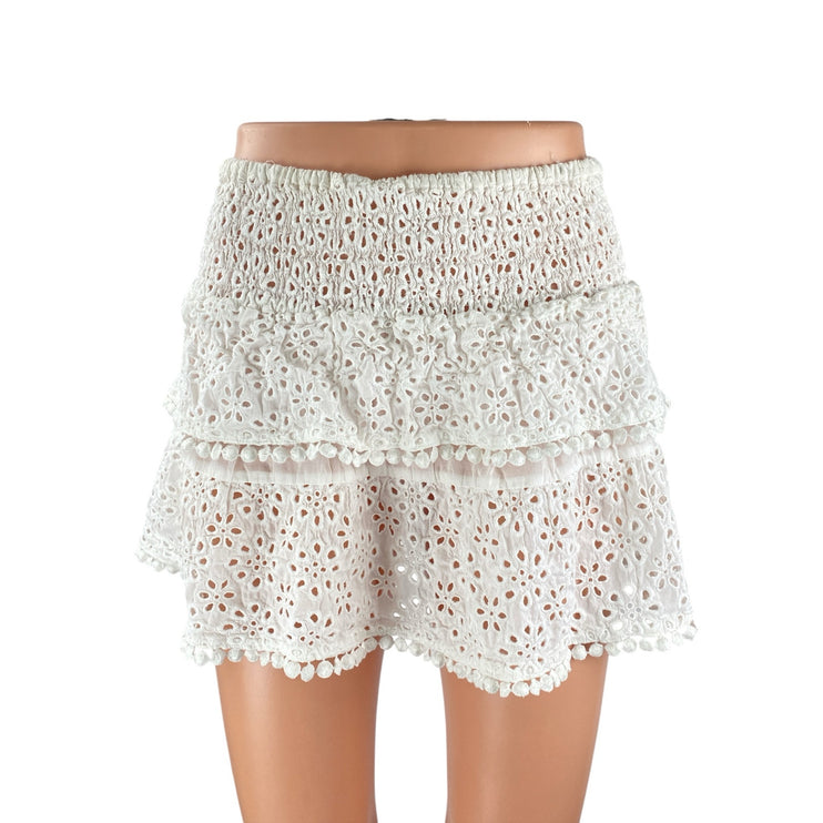 Women's White Floral Eyelet Embroidery Tiered Ruffled Mini Flare A-Line Skirt S