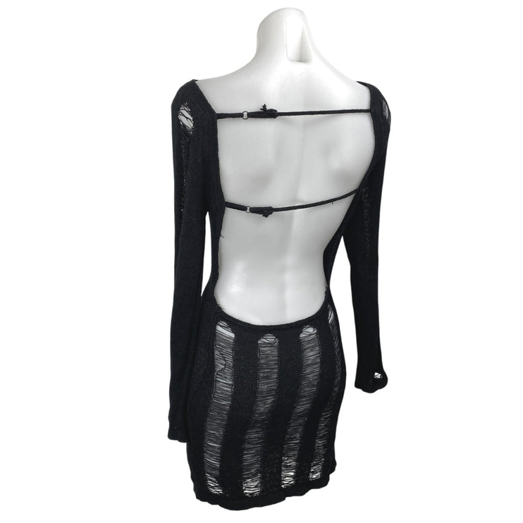 Women's Black Long Sleeve Open Knit Backless Boat Neck Mini Bodycon Dress Size S