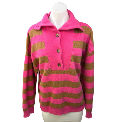 Xirena Rafferty Pink Brown 100% Cashmere Striped Button Collar Sweater Top Sz S