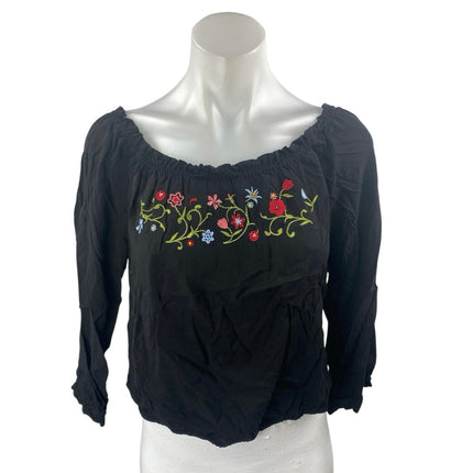 Candie's Women's Black Floral Embroidered Boat Neck 3/4 Sleeve Crop Blouse Top L
