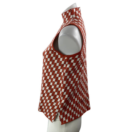 Nicole Miller Red White Sleeveless Geometric Check Mock Neck Knit Tank Top Sz M