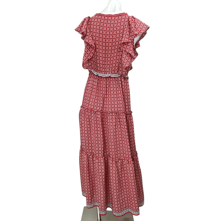 Max Studio Red Floral Ruffle Flutter Sleeve Bow Tiered Maxi Flare A-Line Dress S