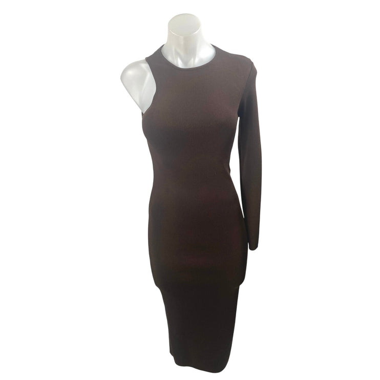 Zara Brown One Shoulder Long Sleeve Sculpt Rib Knit Midi Bodycon Dress Size S
