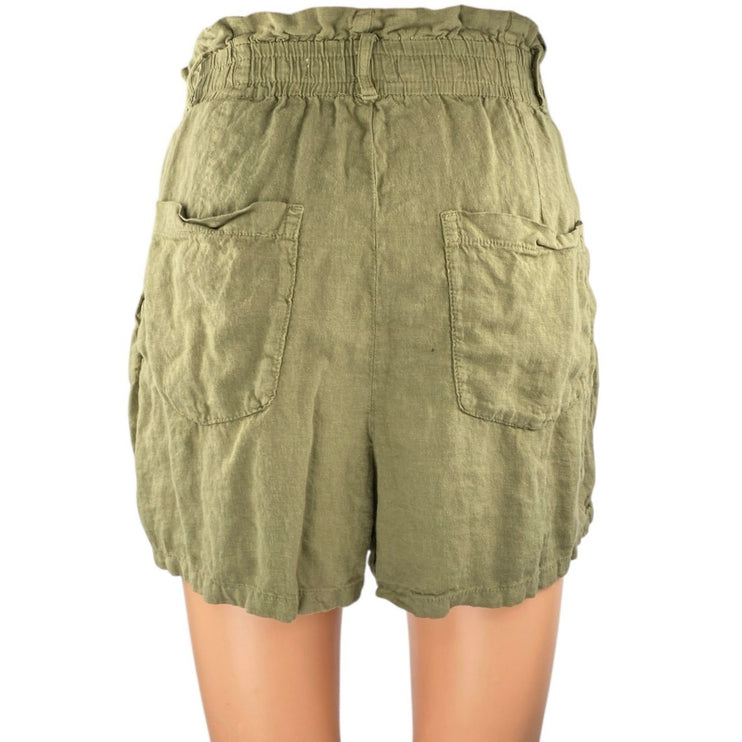 Zara Women's Green Linen Pleated Pockets High Waisted Casual Paperbag Shorts XS