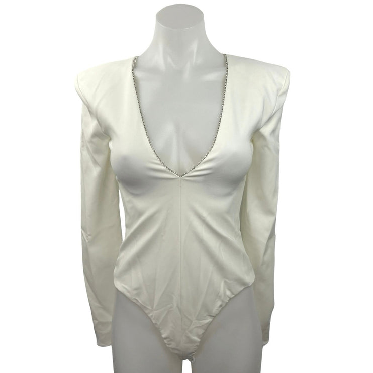 ZARA White V-Neck Back Zip Long Sleeve with Shoulder Pads One Piece Bodysuit XS