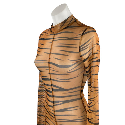 Women's Tan Black Tiger Animal Print Long Sleeve Sheer Mesh Jumpsuit Size M