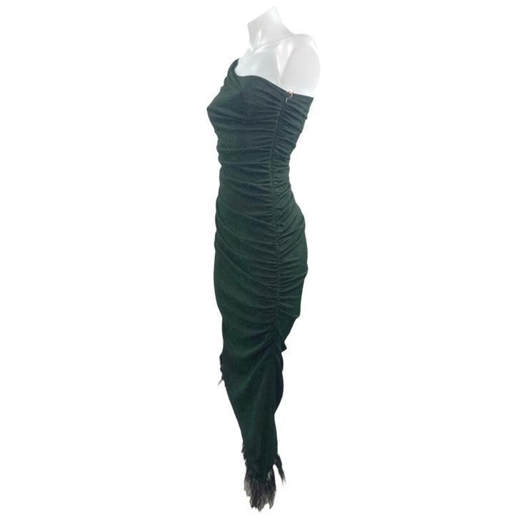 NEW Saylor Hilaria Feather Metallic Ribbed Knit Ruched Midi Bodycon Dress Sz XS