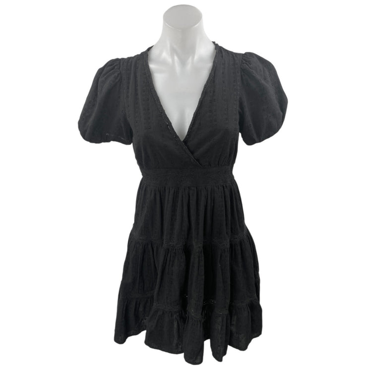 Zara Black Embroidered V-Neck Short Puff Sleeve Tiered Mini Fit & Flare Dress XS