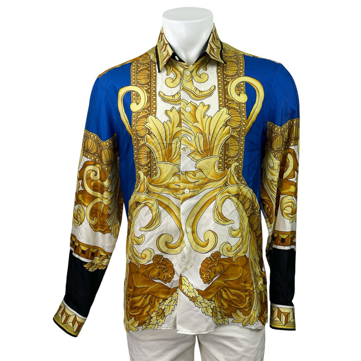 NEW Versace 100% Silk Blue Gold Renaissance Baroque Print Long Sleeve Shirt 48