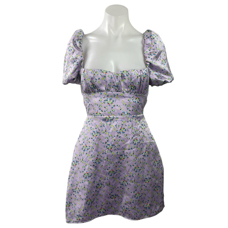 Zara Purple Silky Satin Floral Puff Sleeve Lace Up Back Mini Casual Dress Size M