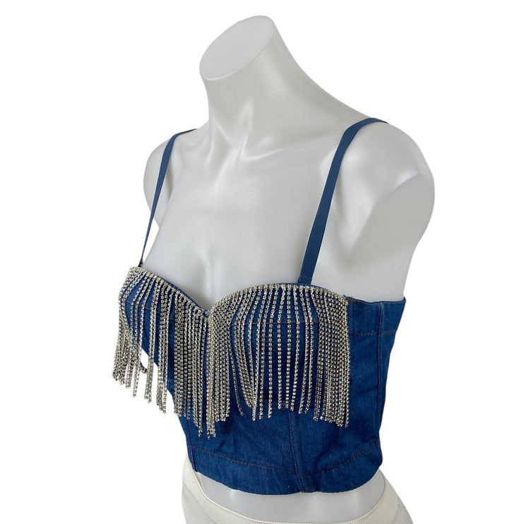 Women's Blue Fringe Rhinestone Corset Bustier Sleeveless Denim Crop Top Size 8