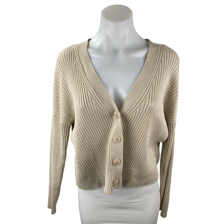 Abercrombie & Fitch Beige Ribbed V Neck Long Sleeve Crop Cardigan Sweater Top L