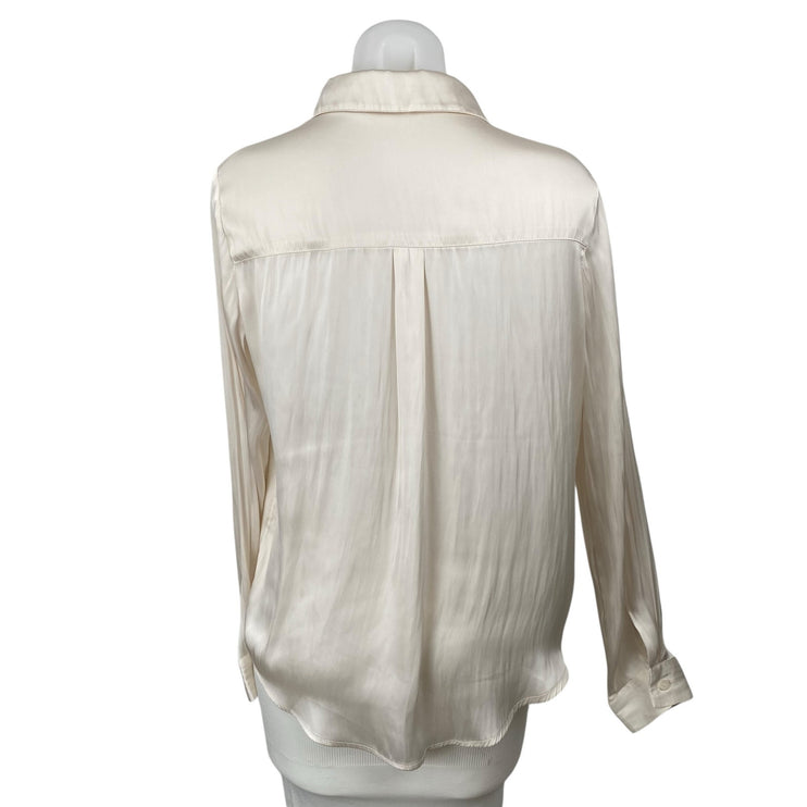 Mi Ami White Silky Satin Collared Long Sleeve Button Down Shirt Blouse Top Sz M