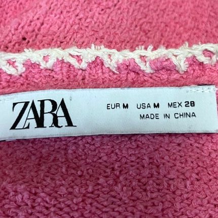 Zara Pink White Scoop Neck Button Down Cropped Cardigan Sweater Top Size M