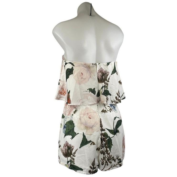 Charlotte Russe White Floral Strapless Sleeveless Tube Jumpsuit Romper Shorts S