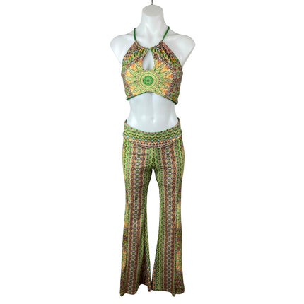 Wolven Fauna Green Mandala Sleeveless Crop Tank Top Flare Trousers Pants Set L