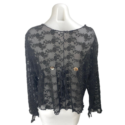 Women's Black Floral Lace Sheer Mesh Embroidered Button Up Blouse top Size OS