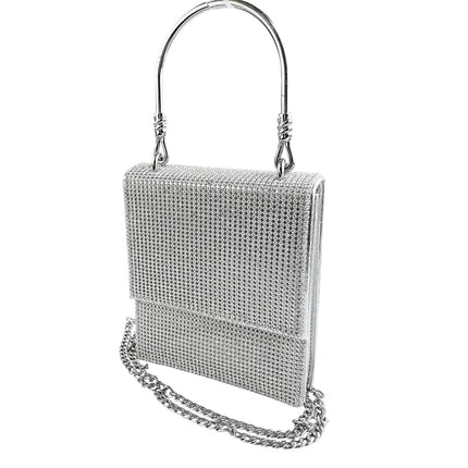 Badgley Mischka Silver Rhinestone Studded Gemstone Bridal Hard Satchel Handbag