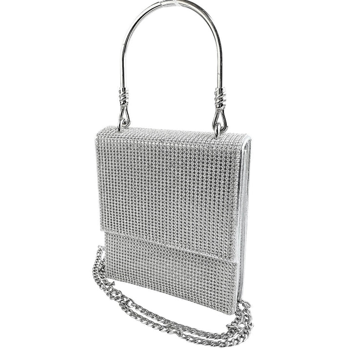 Badgley Mischka Silver Rhinestone Studded Gemstone Bridal Hard Satchel Handbag