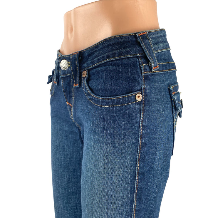 True Religion Women's Blue Low Rise Dark Wash Flared Bootcut Denim Jeans Sz 26