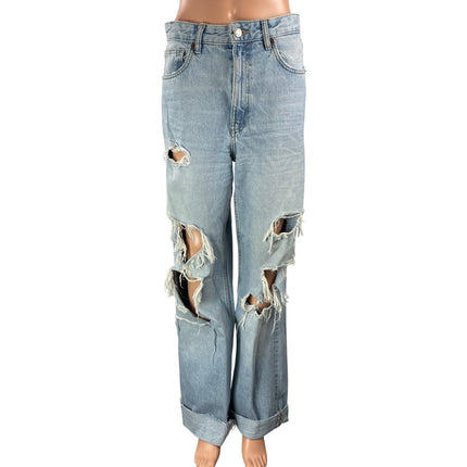 Zara Womens Blue Light Wash Distressed Rip Baggy Wide Leg Denim Jeans Pants Sz 6