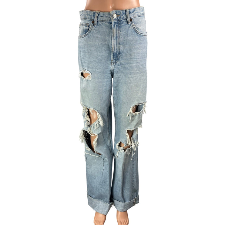 Zara Womens Blue Light Wash Distressed Rip Baggy Wide Leg Denim Jeans Pants Sz 6