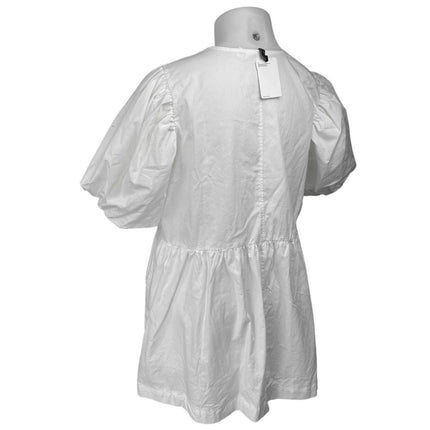 NEW H&M White Short Puff Sleeve Lace Up Crew Neck Mini A Line Dress Size XL