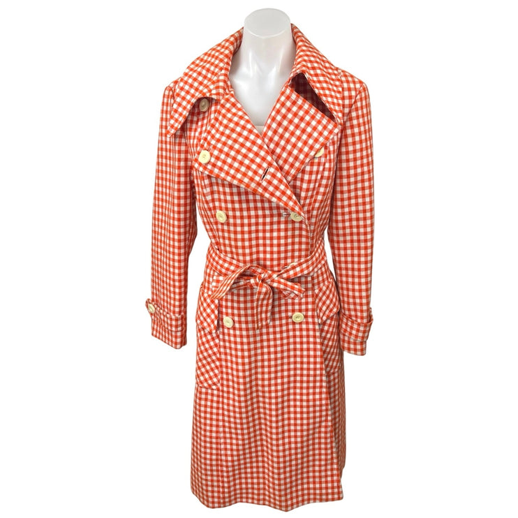 Vintage Fannye's Orange Gingham Check Double Breasted Trench Coat Jacket Size 14