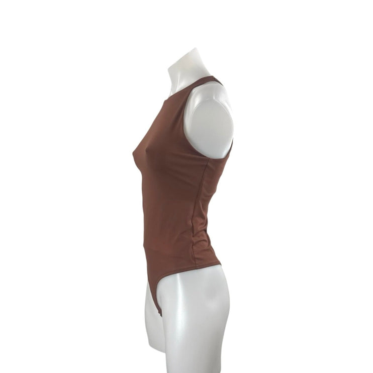 Reoria Womens Brown Sleeveless High Mock Neck Slim One Piece Tank Bodysuit Top S