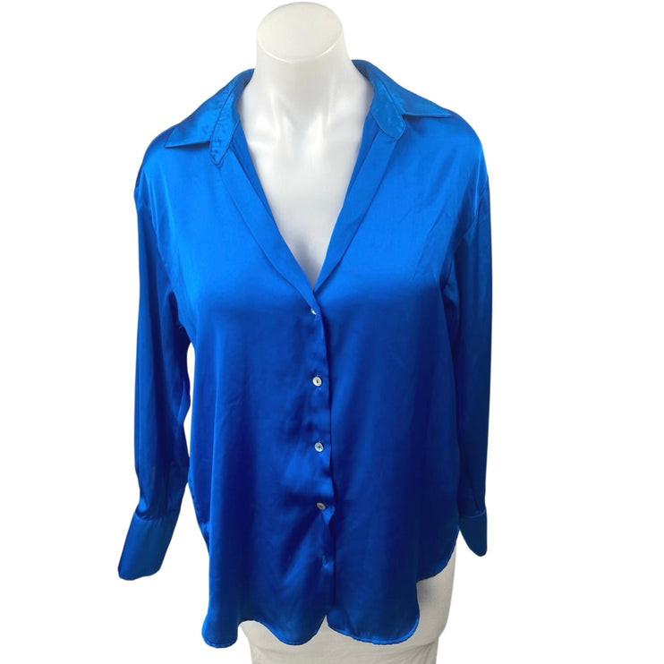 Zara Women's Blue Silk Satin Long Sleeve V Neck Button Down Shirt Top Size XS