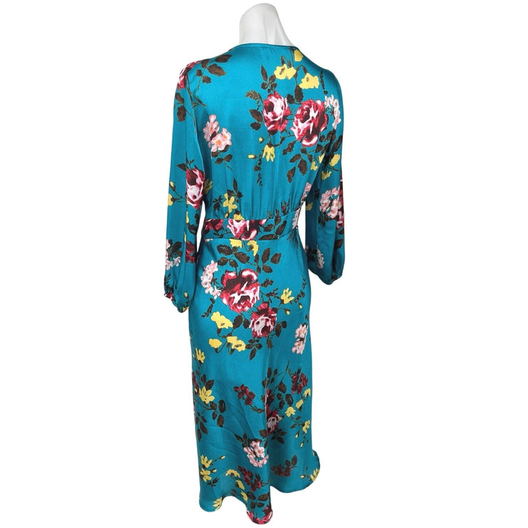 Zara Blue Silk Satin Floral Long Sleeve Deep V-Neck A Line Maxi Dress Size S