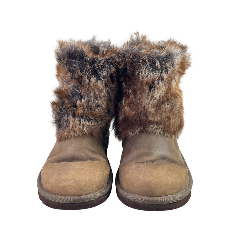 UGG Ellee Kids Brown Faux Fur Leather Buckel Strap Round Toe Ankle Boots Size 5