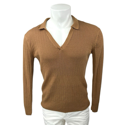 Club Monaco Men's Brown Rib Knit Long Sleeve Collared V-Neck Sweater Top Size L