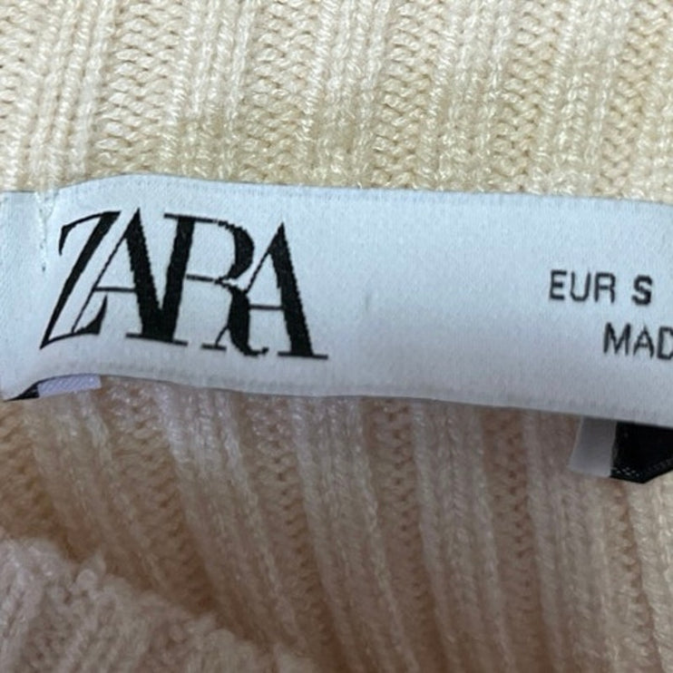 Zara Cream Ribbed Knit Balloon Sleeve Turtleneck Pullover Sweater Top Size S