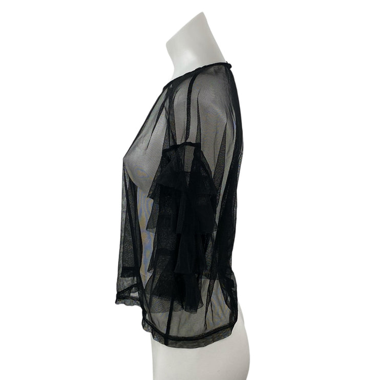 Forever 21 Women's Black Mesh Sheer Ruffle Tiered Sleeve Blouse Top Size L
