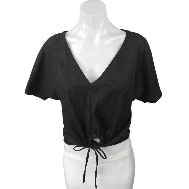 Zara Women's Black Deep V Short Sleeve Tie Hem Casual Blouse Crop Top Size S