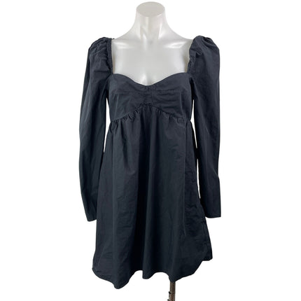 Oak + Fort Black Long Puff Sleeve Sweetheart Smocked Babydoll ALine Mini Dress M