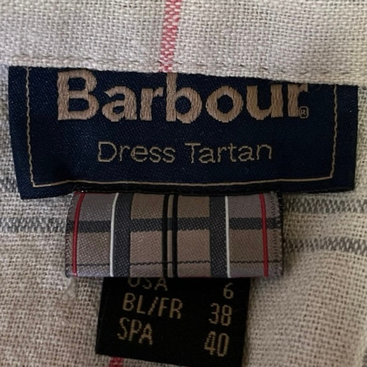 Barbour Women's Linen Cream Plaid Short Sleeve Tartan Midi Shirt Dress Size 6