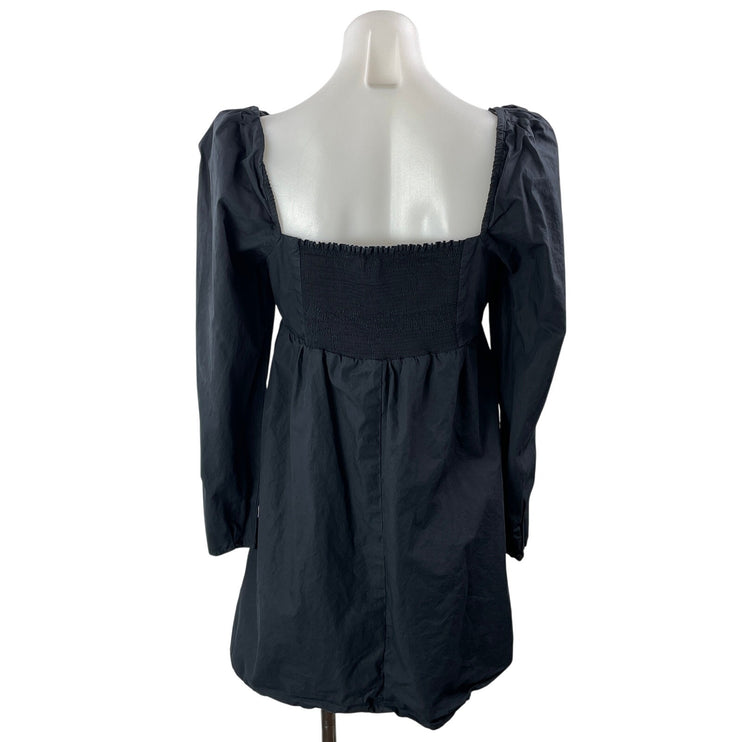 Oak + Fort Black Long Puff Sleeve Sweetheart Smocked Babydoll ALine Mini Dress M
