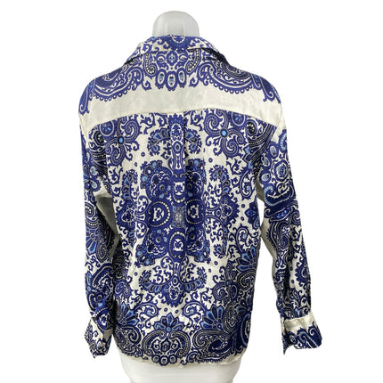Zara Women's Blue Silky Satin Paisley Collared Button Down Shirt Blouse Top Sz S