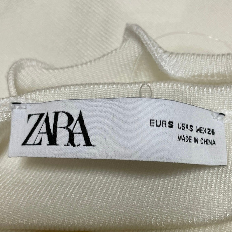Zara Women's Ivory White Lettuce Sleeveless Mock Neck Knit Tank Crop Top Size S