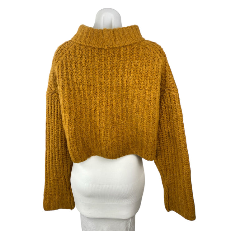 Free People Alpine Tan Wool Argyle Ribbed Mock Neck Cropped Sweater Top Size XS