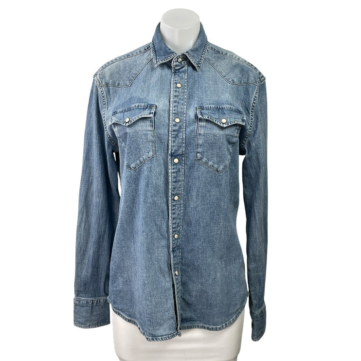 Faherty Women's Blue Long Sleeve Pocket Button Down Denim Jean Shirt Top Size S