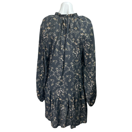 H&M Women Black Floral Ruffle V Neck Pleated Long Sleeve Mini Swing Dress Size L