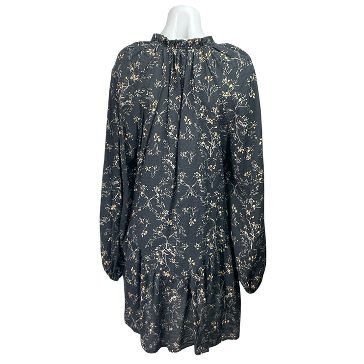 H&M Women Black Floral Ruffle V Neck Pleated Long Sleeve Mini Swing Dress Size L