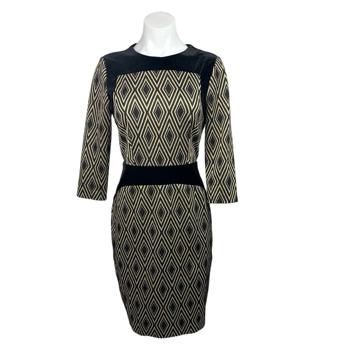 Gabby Skye Metallic Gold Black Velvet Diamond Argyle 3/4 Sleeve Sheath Dress 6 Gabby Skye Metallic Gold Black Velvet Diamond Argyle 3/4 Sleeve Sheath Dress 6